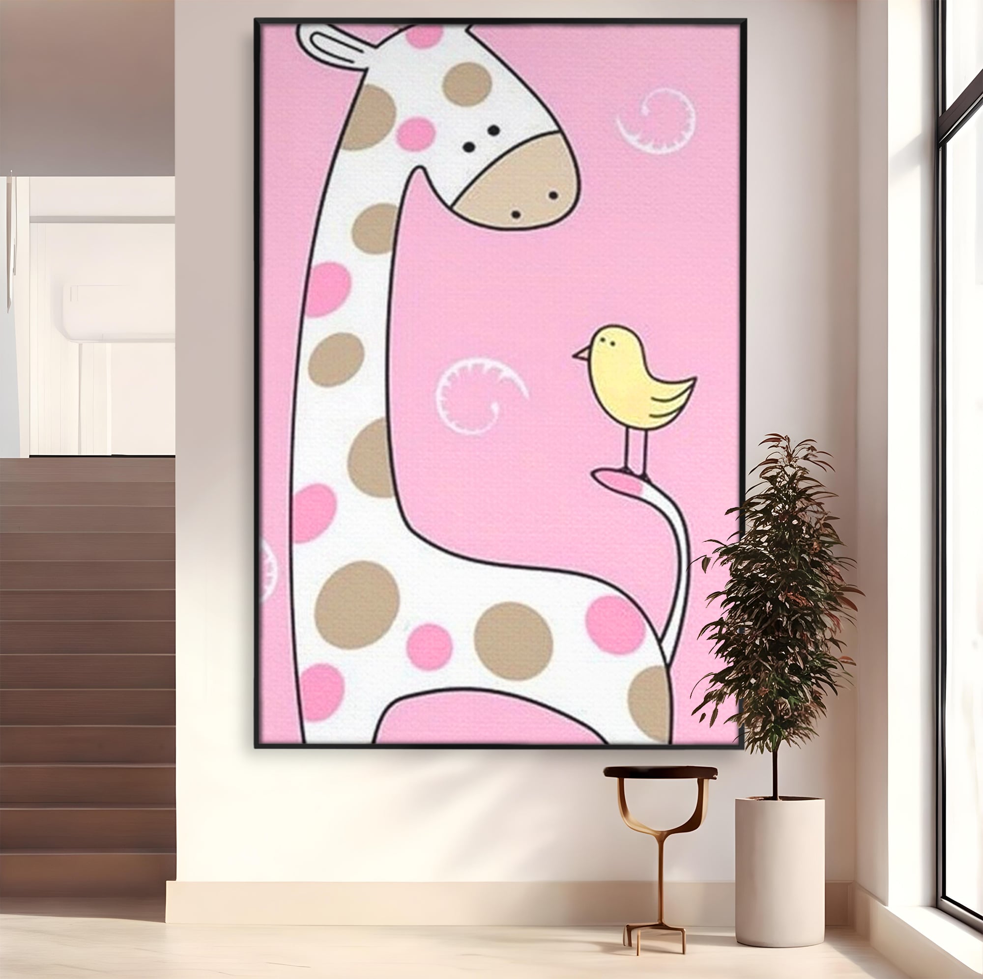Tablou canvas cu ilustratie cu o girafa si o pasare, in rama de aluminiu negru